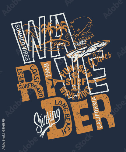Cute west coast surfing wave rider vintage vector print for children sport wear grunge effect in separate layer