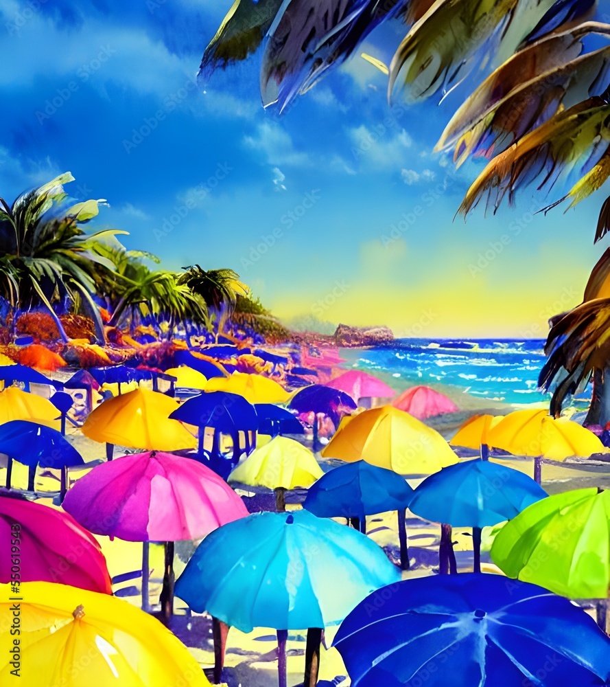 The sun is shining brightly and the waves are crashing onto the shore. The beach umbrellas are colorful and there is a blue sky.