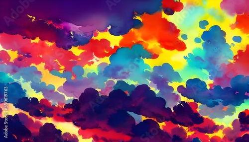 I am looking at a beautiful watercolor painting of colorful clouds. The sky is a light blue color and the clouds are various shades of pink, purple, orange, and yellow. They look like they were hand-p