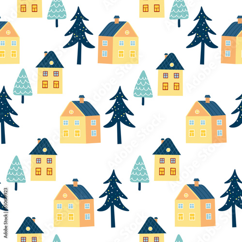 Cute holiday seamless pattern with winter trees and houses. Christmas decorative pattern or background for wrapping  decoration  crafts and scrapbooking