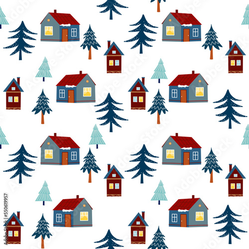 Decorative seamless pattern with winter trees and houses. Christmas decorative pattern for wrapping, decoration, crafts and scrapbooking © Irina Maister