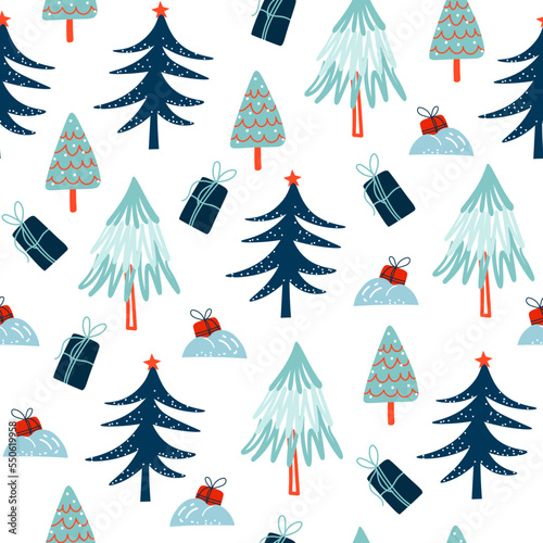 Christmas holiday decorative seamless pattern with winter trees and gift boxes. Christmas cute decorative pattern for wrapping, decoration, scrapbooking, crafts