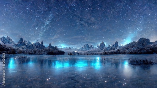Icy blue landscape with lake and mountains