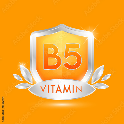 Vitamin B5 in orange glass shield transparent. Protection body stay healthy. For nutrition products food. Shield aluminum silver label sticker icon 3d isolated on solid background. Realistic vector.