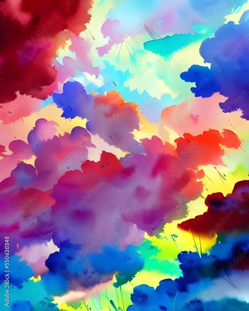 The sky is a beautiful mix of blue and orange, with fluffy clouds in every color imaginable. Watercolor paints have been used to bring this scene to life, making it look like something out of a dream.