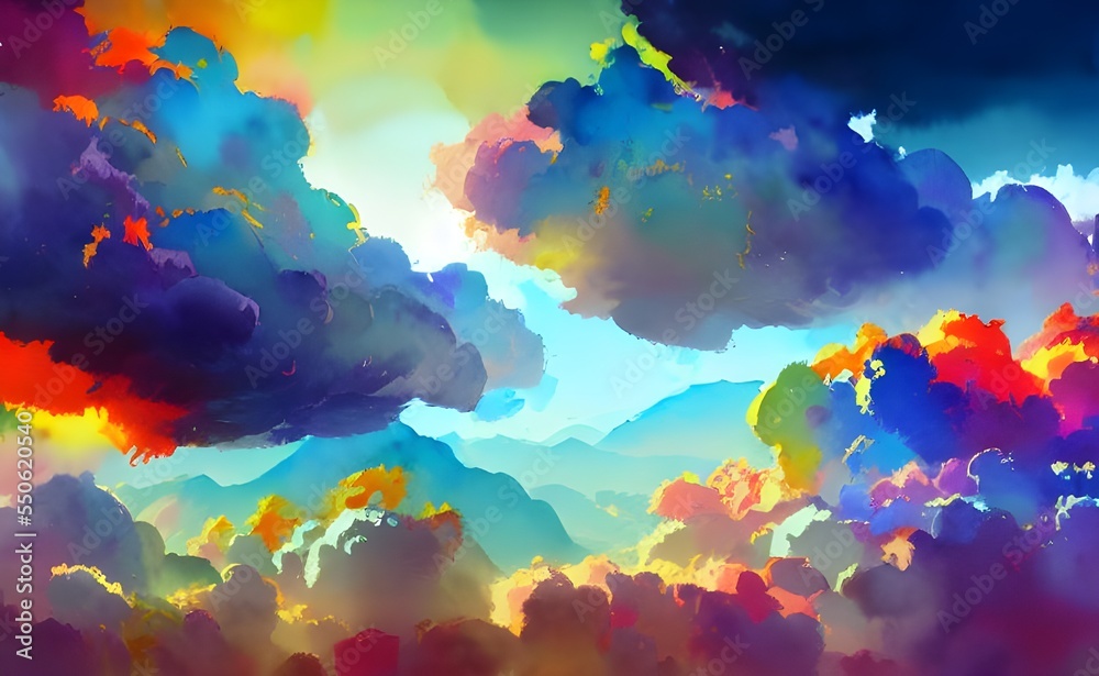 In this picture, there are colorful clouds in a watercolor painting. They are different shades of pink and purple, and they look like they are floating in the sky. In this picture, there are colorful clouds in a watercolor painting. They are different shades of pink and purple, and they look like they are floating in the sky.