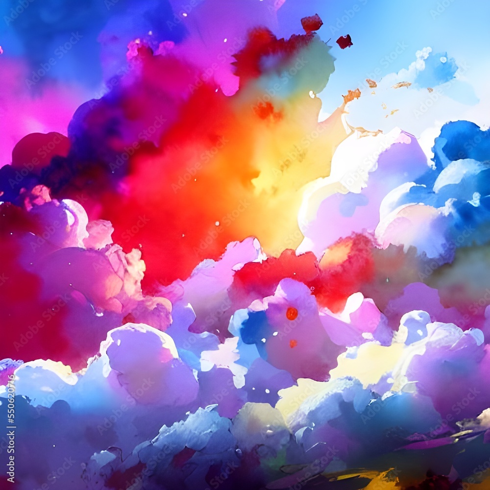 I see a sky full of colorful clouds. The colors are so bright and beautiful. They look like they're made out of watercolor paint.
