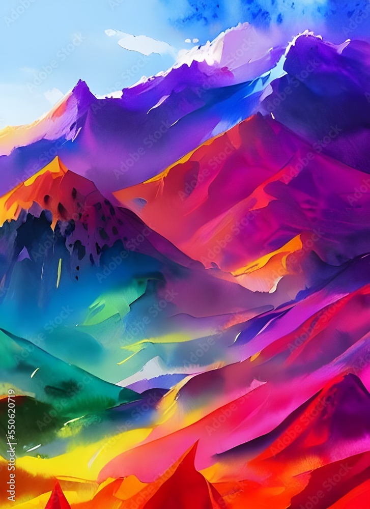 A burst of colors fills the sky as if a painter has taken their brush and swirl it around in every color imaginable. The sun is peeking out from behind the mountains, adding a warm glow to everything.