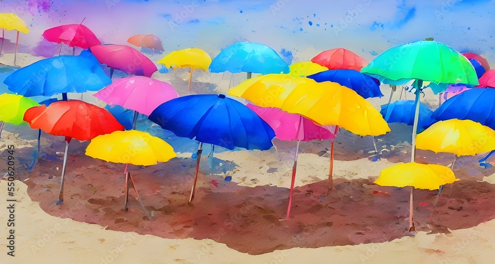 The colors in the painting are so bright and cheerful. The umbrellas look like they're dancing in the wind. The waves crashing against the shore make me feel peaceful.