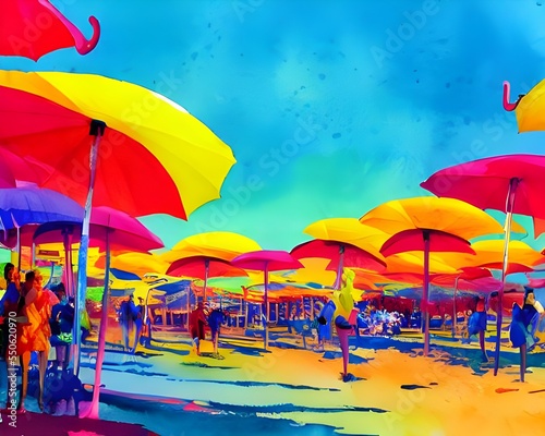 The sun is shining bright and the waves are crashing against the shore. The umbrellas provide a colorful contrast to the blue sky and ocean.