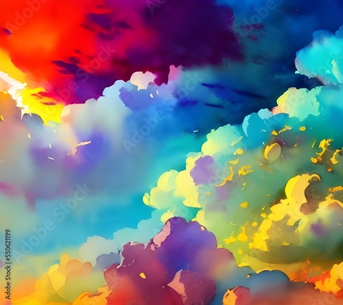 The clouds are colorful and water-like, floating in the sky.