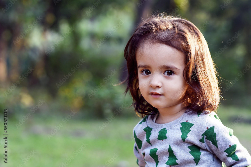 Close-up of a 2 years old Indian baby girl in open brown hair wearing green printed single piece frock looking at the camera and giving innocent expressions. Close-up of a 2 years old Indian baby girl in open brown hair wearing green printed single piece frock looking at the camera and giving innocent expressions.