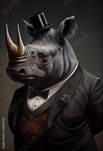 rhino in a suit, victorian, concept, animal