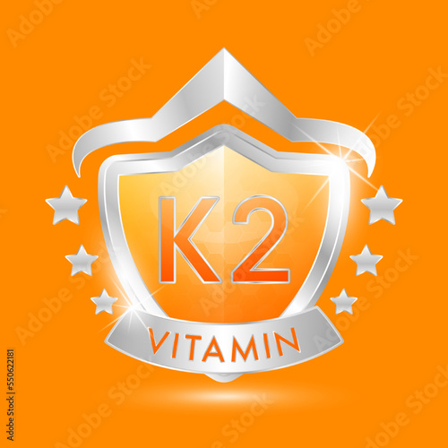 Vitamin K2 in orange glass shield transparent. Protection body stay healthy. For nutrition products food. Shield aluminum ang leaf star label sticker icon 3d isolated realistic. Vector illustrator.