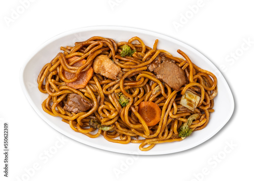 Yakisoba, traditional asian pasta with noodles, meat and vegetables isolated over white background