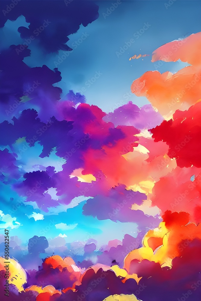The clouds are colorful and bright, like a watercolor painting. They're billowing and fluffy, and they look like they're about to drift away.