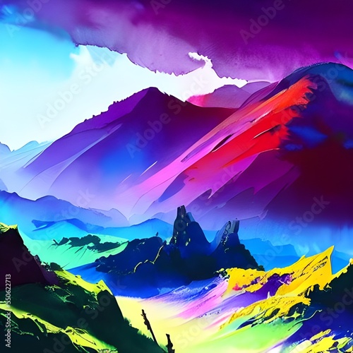 I am looking at a beautiful watercolor painting of some mountains. The colors are very bright and vibrant, and they make me feel happy just to look at them.