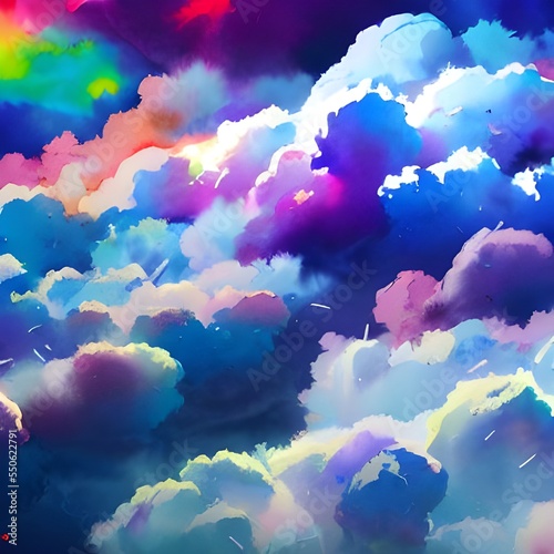 The clouds are colorful and look like they were painted with watercolors. They're very pretty and make the sky look even more beautiful. © dreamyart
