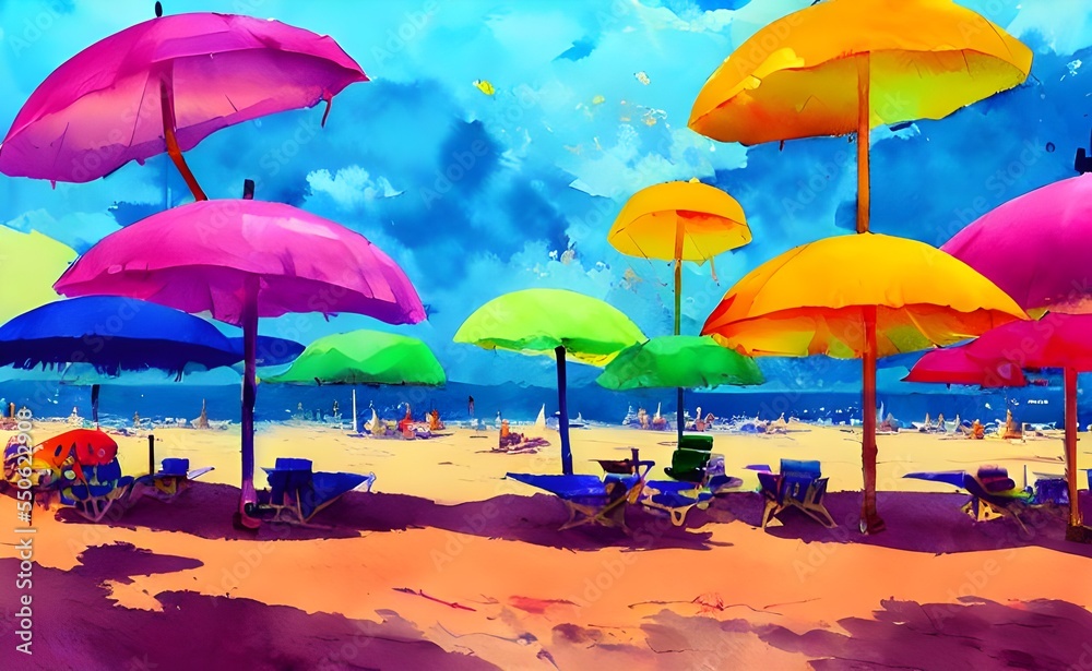 The sky is a bright, deep blue and the sun shines down on the beach umbrellas, making them look like they're dipped in gold. The sand is a sparkling white and the waves crash lazily onto shore.