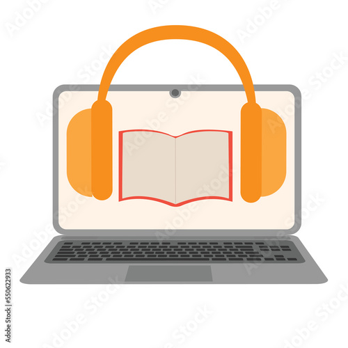 Concept online courses or online education. Laptop with book on monitor and headphones. Vector illustration.