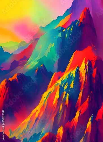 I see a beautiful watercolor painting of mountains in different shades of blue, green, and purple. The sky is a bright orange, yellow, and pink. © dreamyart