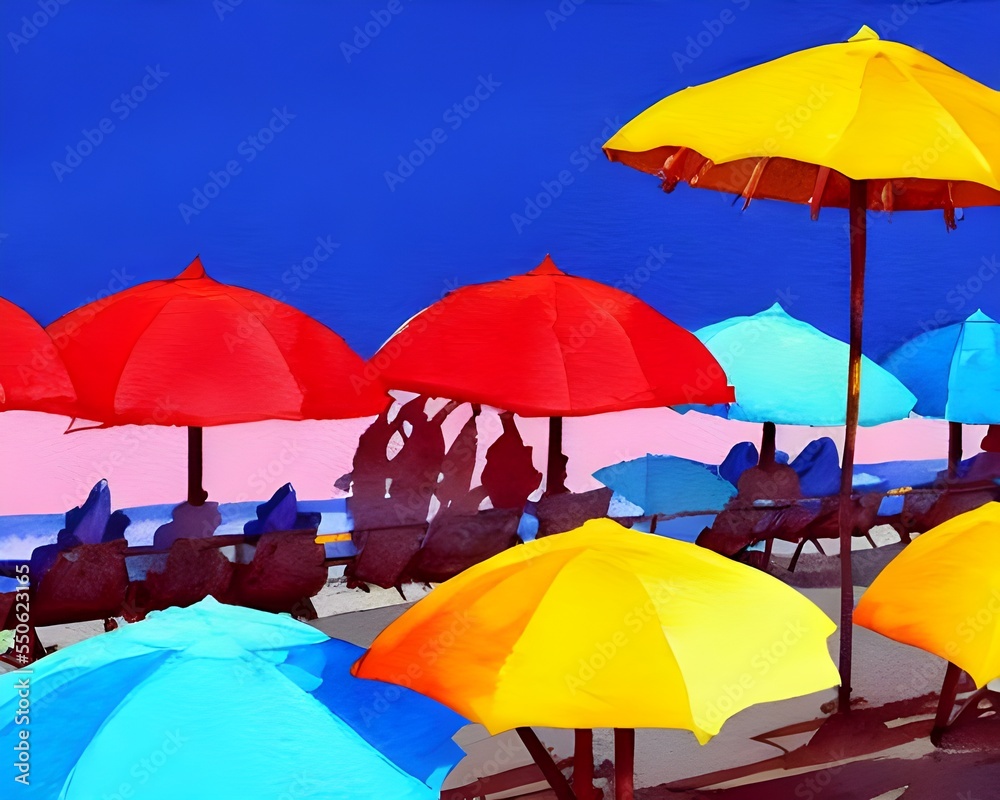 The sun is shining and the waves are crashing against the shore. The umbrellas are brightly colored and there is a Woman walking by with a dog.