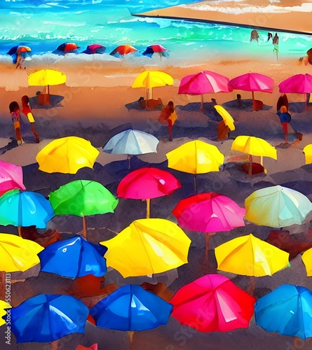 Prismatic umbrellas dot the shore, their fabric flapping in the salty breeze. Waves crash and children shriek with delight as they run back and forth between sand and sea.