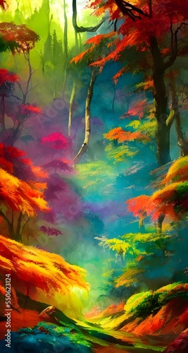 A soft breeze is blowing through the tree tops, making the leaves rustle and whisper. The sunlight is shining through the branches and dancing on the forest floor. The colors are so bright and vibrant © dreamyart