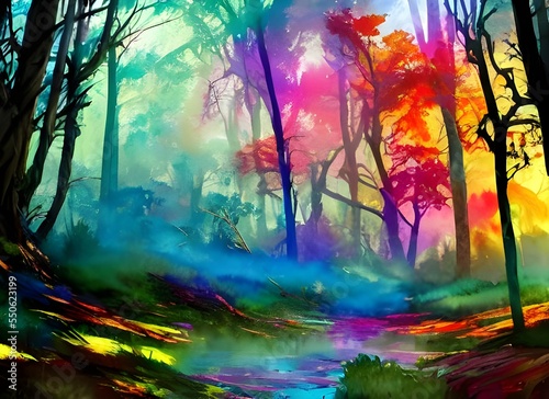 This colorful forest watercolor is so beautiful! It has every color in the rainbow, and they all swirl together in a mesmerizing way. The tree branches are delicate and detailed, while the leaves look © dreamyart