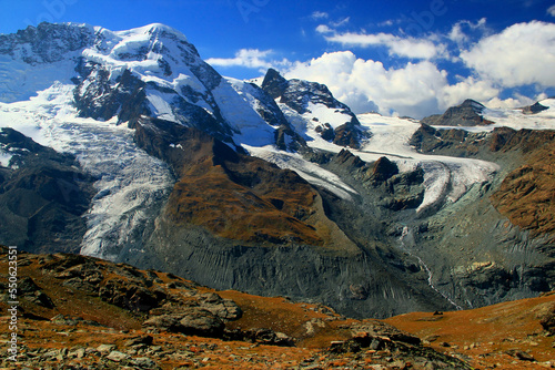 View of the snow-white Matterhorn glacier from Mount Gornergrat near Zermatt in southern Switzerland	 photo