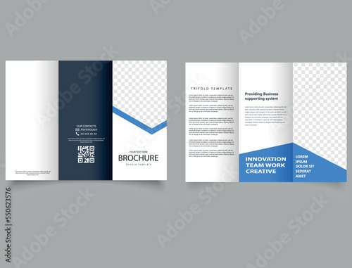 Professional blue trifold brochure. Flyer. Vector template. Advertising leaflet.
