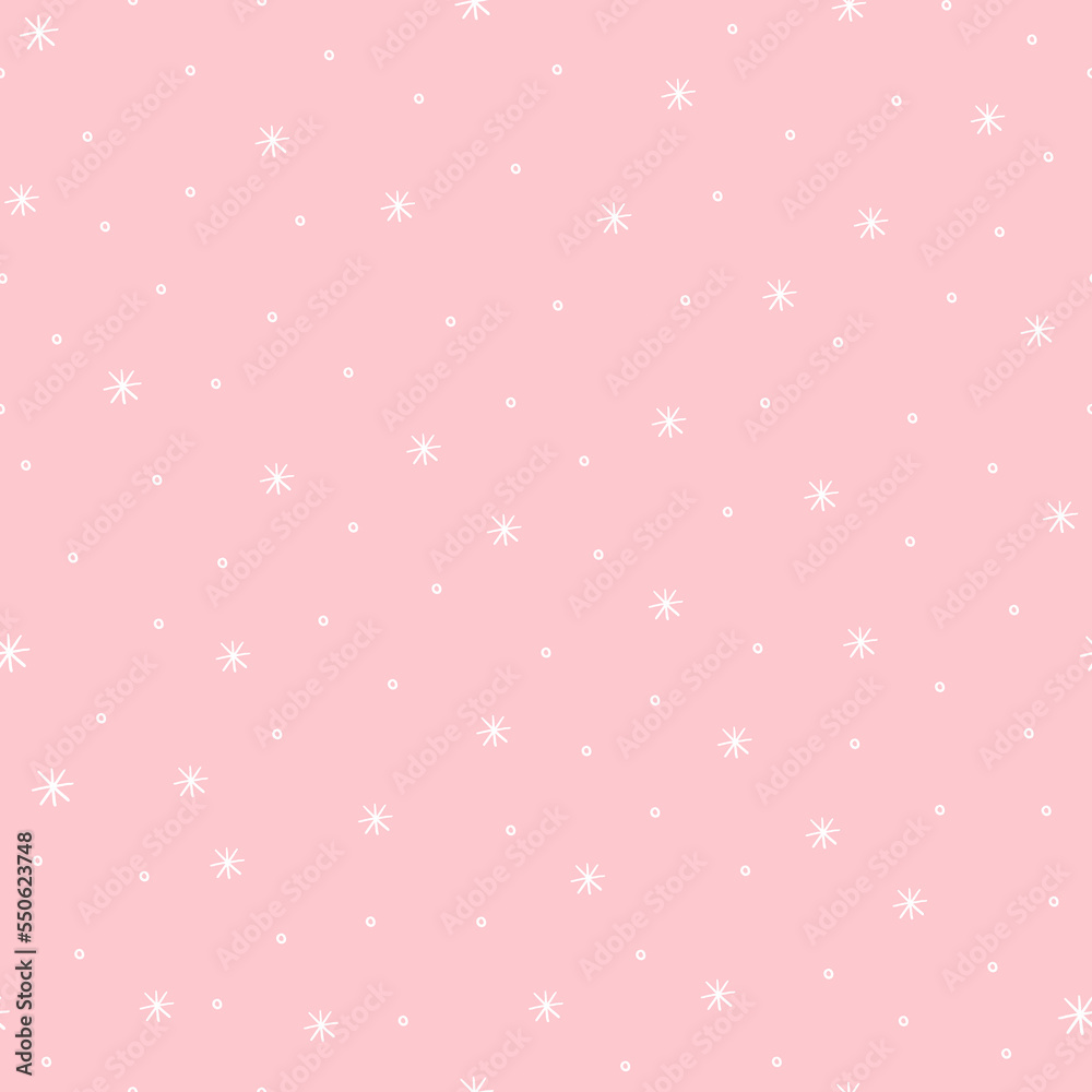 Snowflakes ornament on pink background. Irregular flakes and dots seamless pattern. Repeating texture for christmas greeting card, paper, fabric, design. Snowflakes ornament on pink background. Irregular flakes and dots seamless pattern. Repeating texture for christmas greeting card, paper, fabric, design.