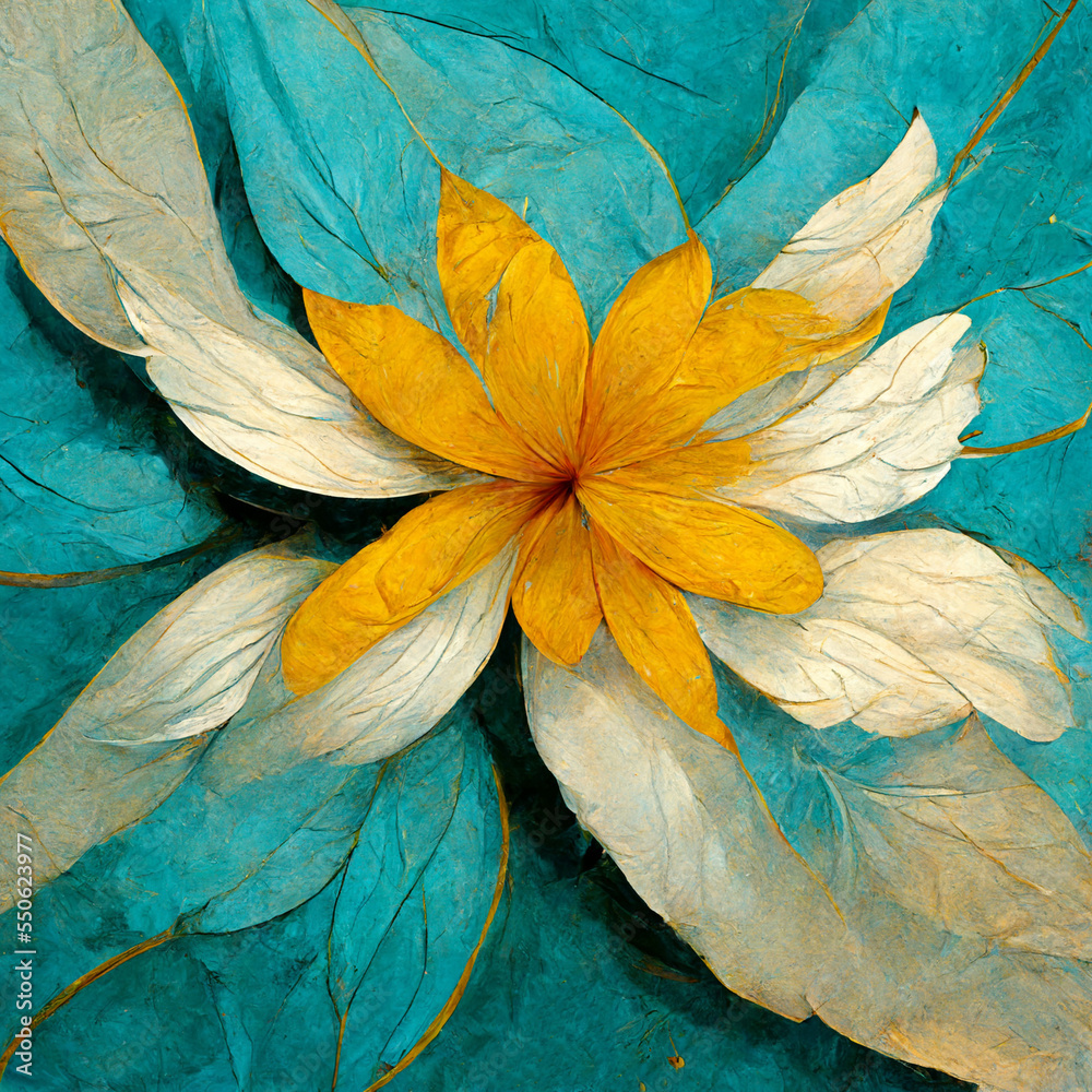 Yellow and white flower with turquoise petals