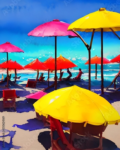 The sun shines brightly on the water, making it look like a sea of diamonds. The umbrellas provide color and shade for people lounging on the sand. © dreamyart