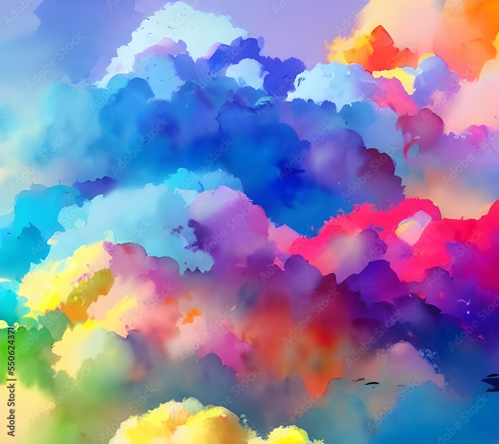In the sky, there are fluffy clouds that are various colors. It looks like they were painted with watercolors. The colors blend together in a beautiful way.