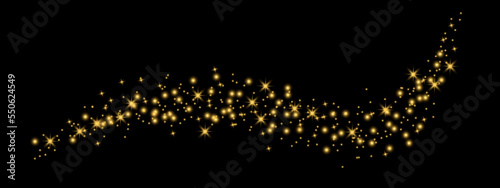 Glittering vector dust on black background. Golden sparkling lights. Christmas Holiday glow particle. Magic star effect. Shine background. Festive party design. Vector illustration EPS 10