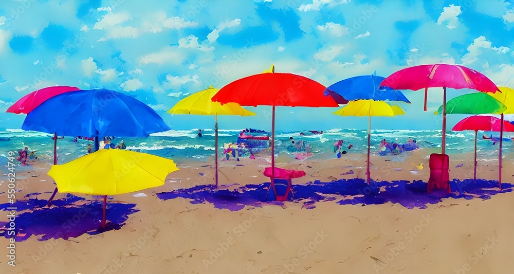 The beach umbrellas are a beautiful watercolor. They are bright and colorful, and they make the perfect scene for a summer day.