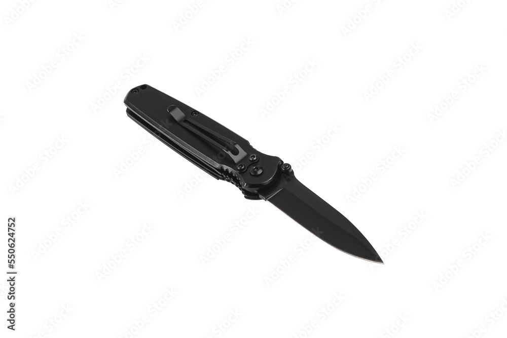 Pocket folding knife isolate on white back. Compact metal sharp knife with a folding blade. Pocket folding knife isolate on white back. Compact metal sharp knife with a folding blade.