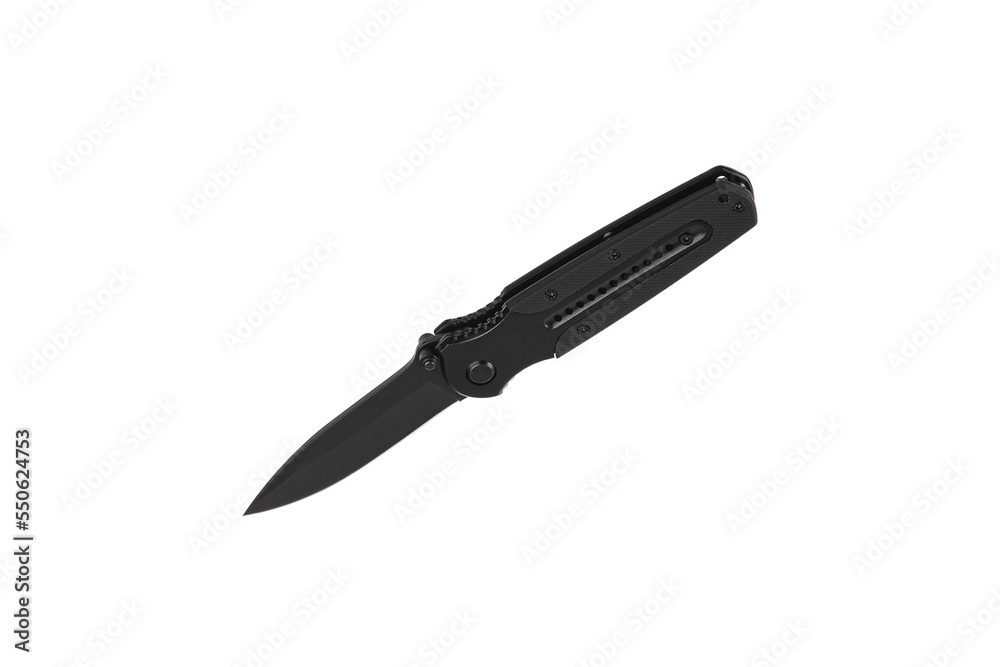 Pocket folding knife isolate on white back. Compact metal sharp knife with a folding blade. Pocket folding knife isolate on white back. Compact metal sharp knife with a folding blade.
