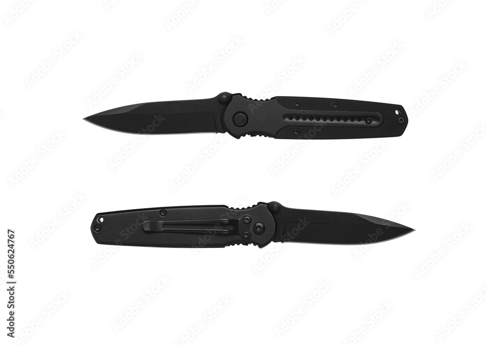 Pocket folding knife isolate on white back. Compact metal sharp knife with a folding blade. Pocket folding knife isolate on white back. Compact metal sharp knife with a folding blade.
