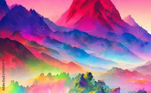 In this picture, there are mountains that have been painted with watercolor. The colors are very bright and vibrant, making the scenery look beautiful and peaceful.