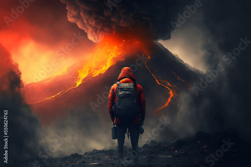 Fototapet a man stand in front of erupt volcano