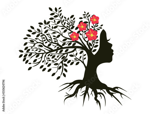 Abstract colorful tree. Vector background.. Beautiful African woman  - a tree. Beautiful girl with flowers in hair vector illustration. Spring tree with cherry blossom. Tree icon concept. Tree of Life