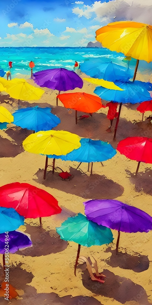 The sun is beating down on the sand, making it hot to the touch. The waves crash against the shore, providing a refreshing and cool mist. The brightly colored beach umbrellas provide a spot of shade f