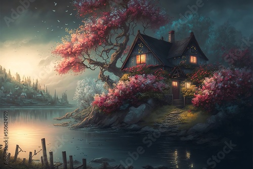 Foto Fantasy landscape scene of a beautiful house on the edge of a lake surrounded by