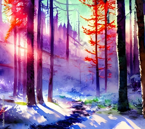 I see a beautiful winter forest watercolor. The colors are so bright and pretty. I love how the trees look in this painting.