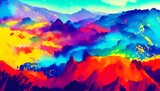 I see a colorful mountain watercolor. The mountains are different shades of blue, green, and purple. They sit atop a white background with wispy clouds.