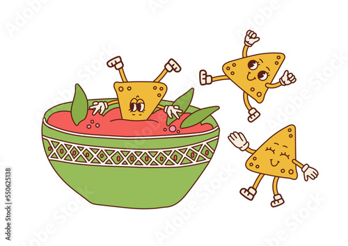 Nachos retro cartoon characters having fun. Nacho dip in bowl. Nacho mascot design. Chilli dip. Salsa Sauce cup. Mexican food party. Contour hand drawn vector illustration.
