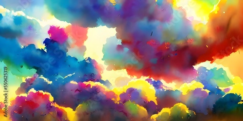 The sky is a beautiful blue, and the clouds are fluffy and white. The colors in the painting are very bright and vibrant.
