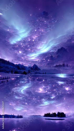 Purple and blue colored northern lights in the sky, winter icy landscape with lake and mountains